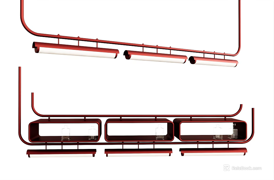 Modern Red Metal Chandelier With Elongated Frame And Multiple Linear Light Fixtures 3d model 