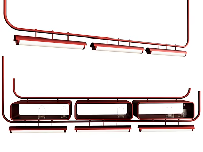 Modern Red Metal Chandelier With Elongated Frame And Multiple Linear Light Fixtures 3d model