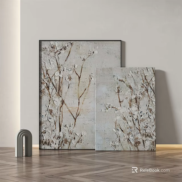 Textured Botanical Paintings With White Flowers Branches On Light Gray Wall And Wooden Floor 3d model 