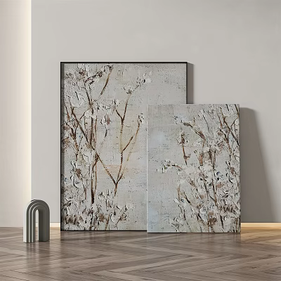 Textured Botanical Paintings With White Flowers Branches On Light Gray Wall And Wooden Floor 3d model