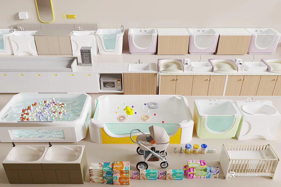 Baby Care Setup With Colorful Changing Tables Bathtubs Stroller Diapers And Storage Cabinets 3d model 