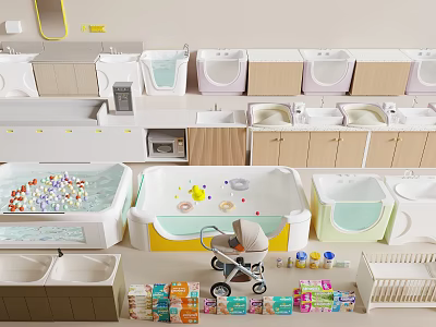 Baby Care Setup With Colorful Changing Tables Bathtubs Stroller Diapers And Storage Cabinets 3d model