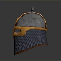 Medieval Helmets With Spiked Top Metal Shell Orange Stripes Blue Fabric And Chainmail Face Guards