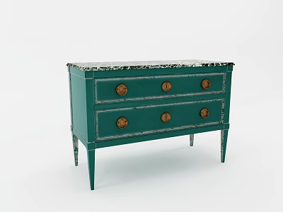 Teal Vintage Console Cabinet With Distressed Finish Marble Top And Slim Wooden Legs 3d model