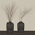 Modern Decorative Ornament Set With Two Dark Textured Vases And Slender Twigs