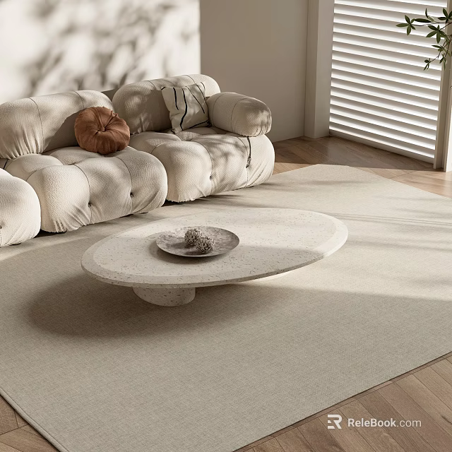Light Round Coffee Table In Modern Living Room With Beige Sofa Carpet And Decorative Tray 3d model 