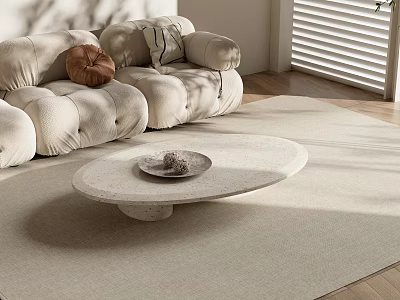 Light Round Coffee Table In Modern Living Room With Beige Sofa Carpet And Decorative Tray 3d model