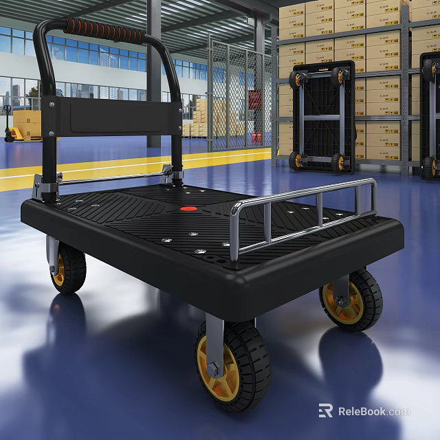 Black Platform Cart With Metal Handle And Yellow Hub Wheels In Warehouse 3d model 