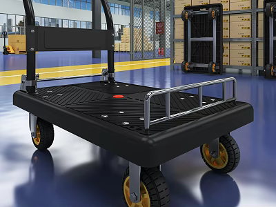 Black Platform Cart With Metal Handle And Yellow Hub Wheels In Warehouse 3d model