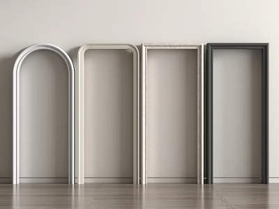 Various Shaped Door Frames In Neutral Colors Against Light Wall And Wooden Floor 3d model
