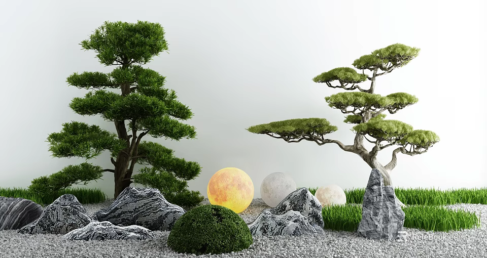 Karesansui Zen Garden With Bonsai Pine Trees Stones Gravel Moss And Moon Orbs 3d model 