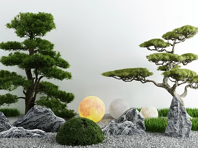Karesansui Zen Garden With Bonsai Pine Trees Stones Gravel Moss And Moon Orbs 3d model
