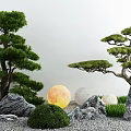 Karesansui Zen Garden With Bonsai Pine Trees Stones Gravel Moss And Moon Orbs