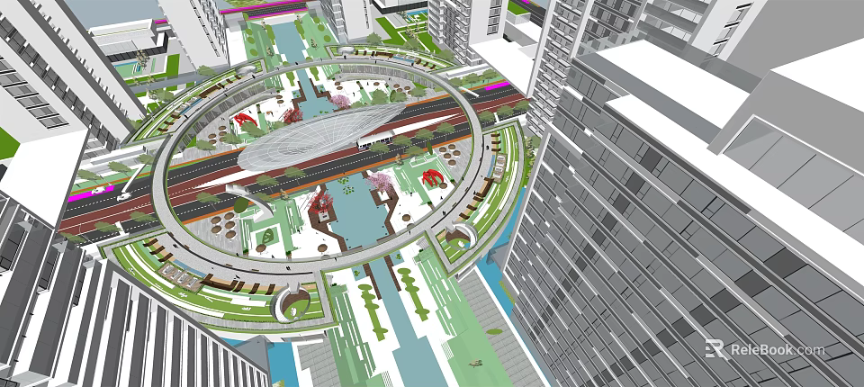Urban Commercial Landscape Design With Circular Layout Green Belts And Water Features 3d model 