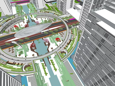 Urban Commercial Landscape Design With Circular Layout Green Belts And Water Features 3d model