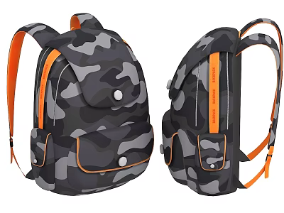 Camouflage Pattern Backpacks With Orange Accents Stylish Design And Multiple Pockets 3d model