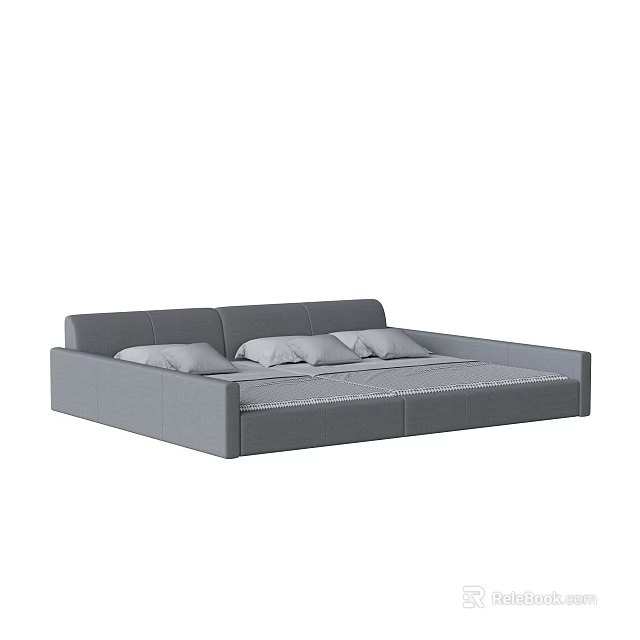Modern Gray Double Bed With Headboard Mattress And Soft Pillows 3d model 