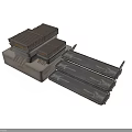 Industrial Metal Equipment With Stacked Rectangular Cases And Elongated Trays