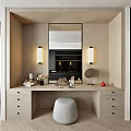 Modern Walk in Closet Interior With Wooden Vanity Mirror Drawers And Stool
