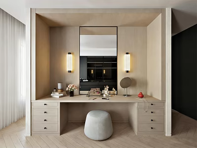 Modern Walk in Closet Interior With Wooden Vanity Mirror Drawers And Stool 3d model
