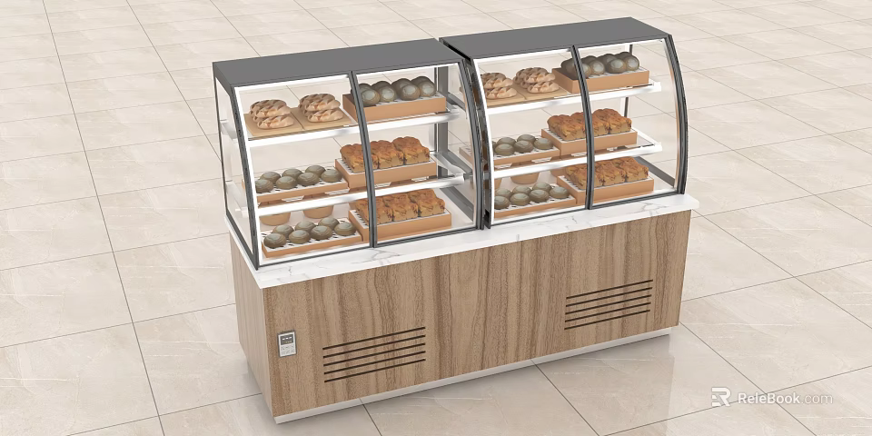 Double Glass Covered Display Cases with Bread and Pastries on Wooden Base and Marble Countertop 3d model 