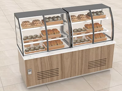 Double Glass Covered Display Cases with Bread and Pastries on Wooden Base and Marble Countertop 3d model