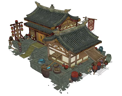 Traditional Ancient Chinese Architecture With Tiled Roof Wooden Structure Red Lanterns And Clay Pots 3d model