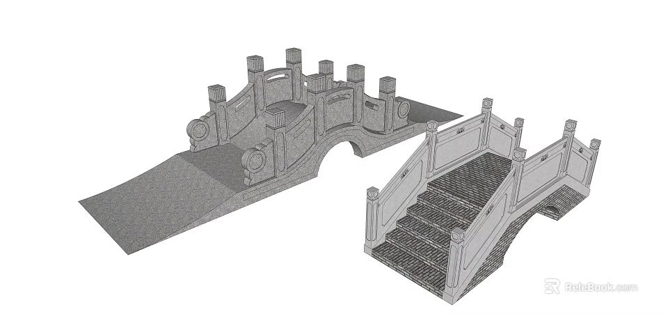 Chinese Style Landscape Bridge Architectural Design With Stone Railing Decorative Pillars And Steps 3d model