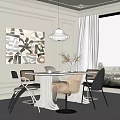 Modern Dining Table Set with Chairs Pendant Light Artwork Large Windows and Tree View 3d model