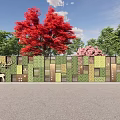 Modern Landscape Wall With Green Plants Wooden Panels And Metal Strips