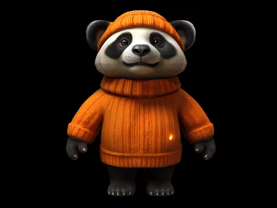Cute Stuffed Panda Plush Toy Wearing Orange Knitted Sweater On Black Background 3d model