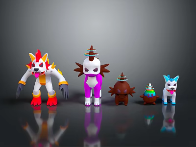 Colorful Cartoon Creature Characters With Various Designs And Spiky Horn Details 3d model