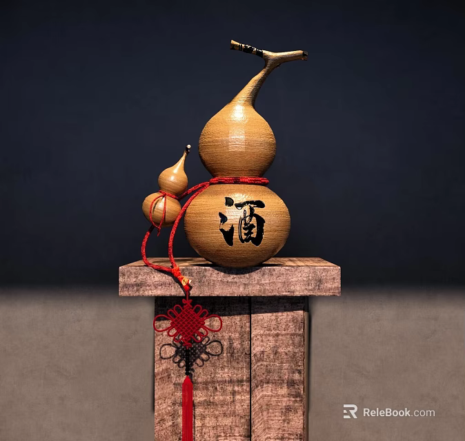 Traditional Decorative Ornament Set With Gourd Small Gourd Red String Jiu Character And Wooden Stand 3d model 