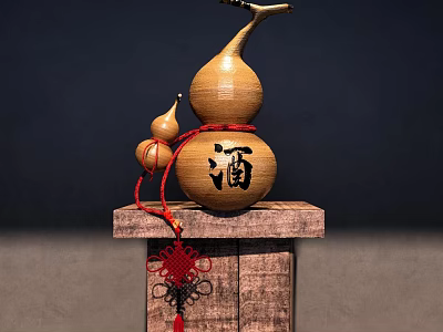 Traditional Decorative Ornament Set With Gourd Small Gourd Red String Jiu Character And Wooden Stand 3d model