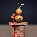 Traditional Decorative Ornament Set With Gourd Small Gourd Red String Jiu Character And Wooden Stand