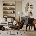 Modern Living Room Interior Design With Beige Sofa Round Coffee Table And Wooden Bookshelf