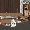 Brown Multi-seat Sofa in Cozy Living Room with Bookshelf Plants Throw Pillows and Side Table