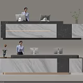 Elegant Reception Desk With Marble Surface And Receptionists Using Computers With Green Plant Decor 3d model