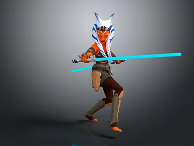Warrior Character With White Headdress And Orange Skin Wielding Blue Lightsaber In Action Pose 3d model