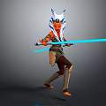Warrior Character With White Headdress And Orange Skin Wielding Blue Lightsaber In Action Pose