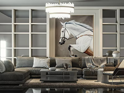 Modern Gray Sofa and Coffee Table Set with Pillows Horse Painting Grid Bookshelves and Chandelier 3d model