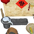 Traditional Industrial Equipment Display With Stone Mill Wheelbarrow And Bamboo Crafts