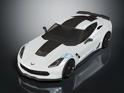 Chevrolet Corvette White Sports Car With Black Stripes Blue Accents Rear Spoiler And Sleek Design 3d model