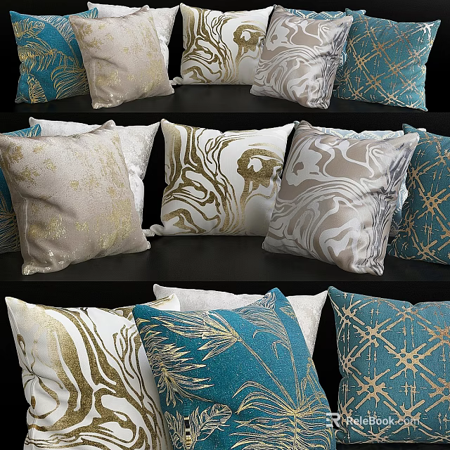 Elegant Throw Pillows With Gold Blue Cream Patterns And Marble Geometric Leaf Designs 3d model 