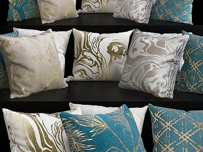 Elegant Throw Pillows With Gold Blue Cream Patterns And Marble Geometric Leaf Designs 3d model