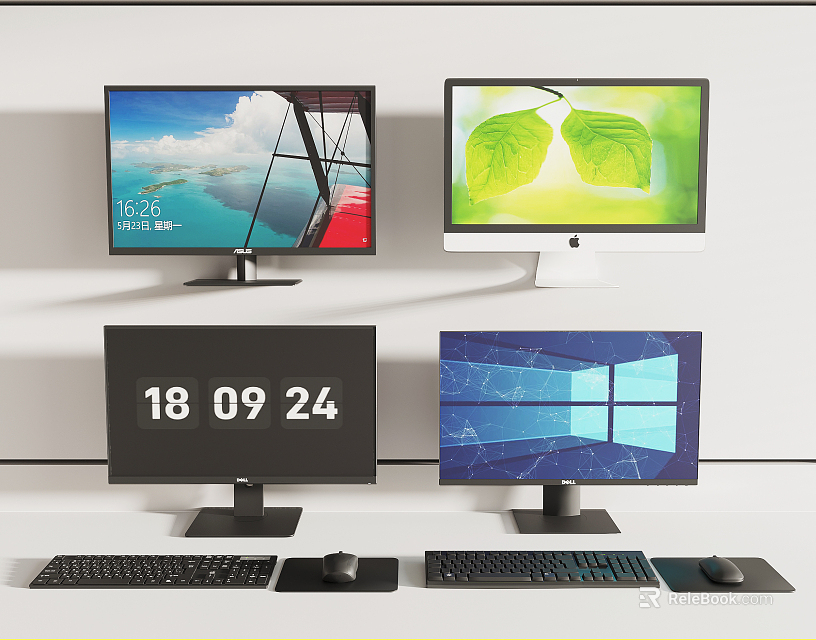 Four Computer Monitors Showing Various Screens Time Scenery Green Leaf Windows And Keyboards Mice 3d model 