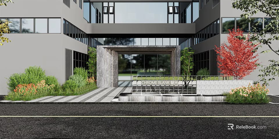 Modern Entrance Gate With Glass Doors Stone Trim Surrounding Greenery And Decorative Steps 3d model 