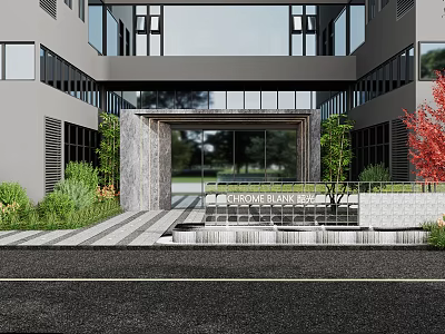 Modern Entrance Gate With Glass Doors Stone Trim Surrounding Greenery And Decorative Steps 3d model