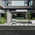 Modern Entrance Gate With Glass Doors Stone Trim Surrounding Greenery And Decorative Steps