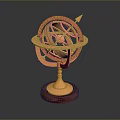Golden Armillary Sphere Decorative Model With Rings Pointer And Red Wooden Base